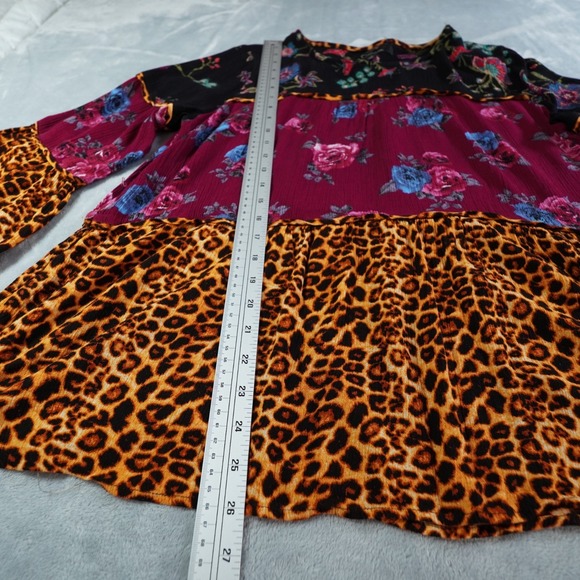 Calessa Womens Tunic Top L Boho Gauzy Mixed Print Artsy Flowy Bell Sleeve Casual - Picture 5 of 11